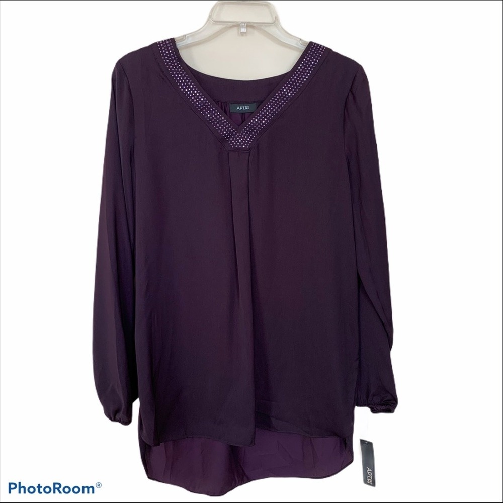 Apt 9 Plum Med V-Neck Rhinestone Hi-Low Sheer Top Blouse Whimsigoth Dark Fairy